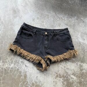 Vintage 2000's black denim fur lined short shorts